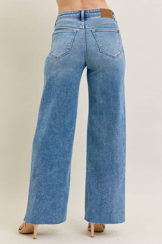 Vintage Wash High Waisted Wide Leg w/ Distressed Knee
