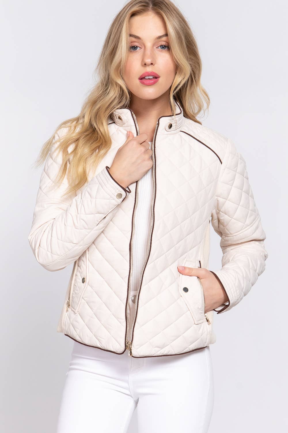 ', Suede Piping Rib Quilted Padding Jacket / Vest