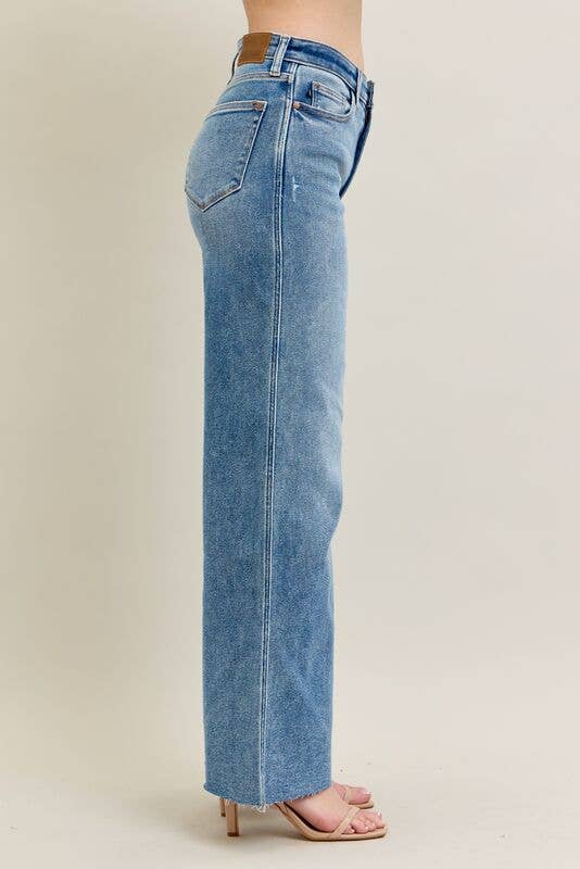 Vintage Wash High Waisted Wide Leg w/ Distressed Knee