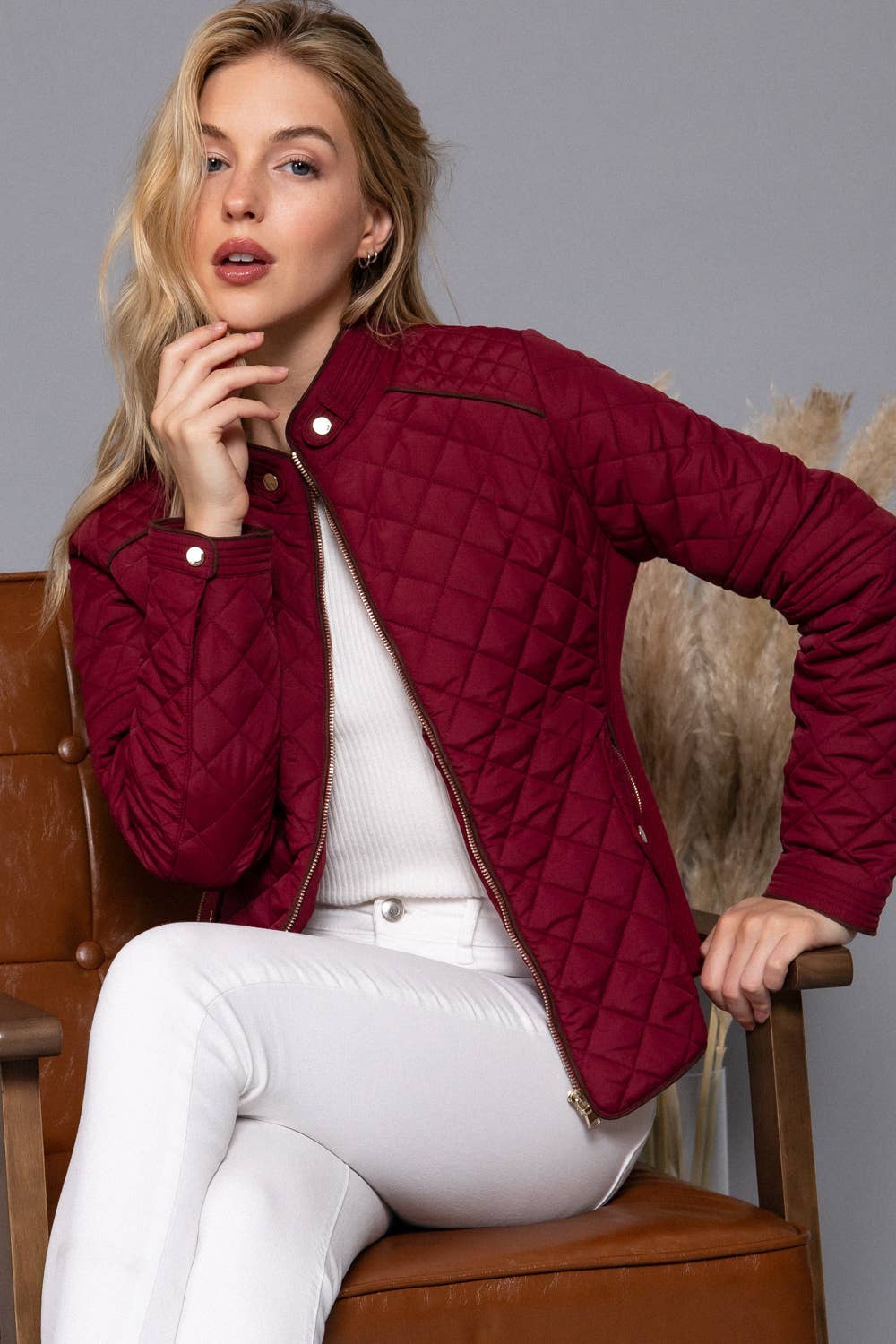 ', Suede Piping Rib Quilted Padding Jacket / Vest