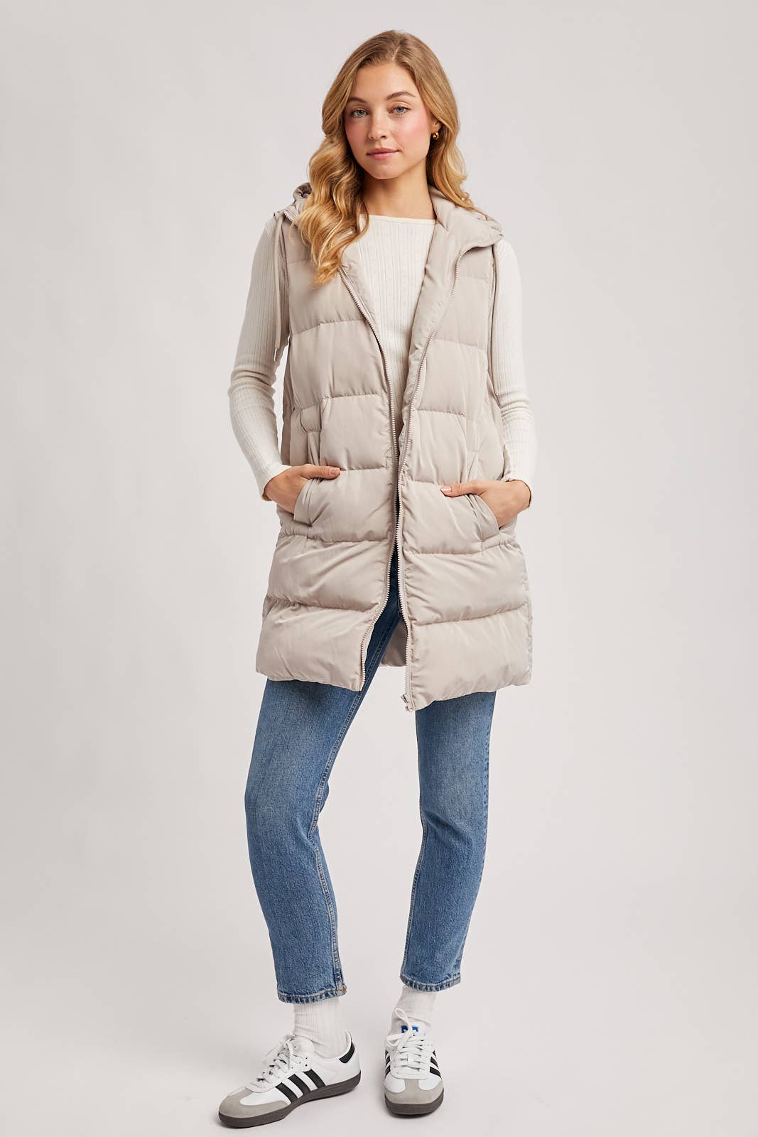 HOODED ZIPPER DOWN LONGLINE PUFFER VEST