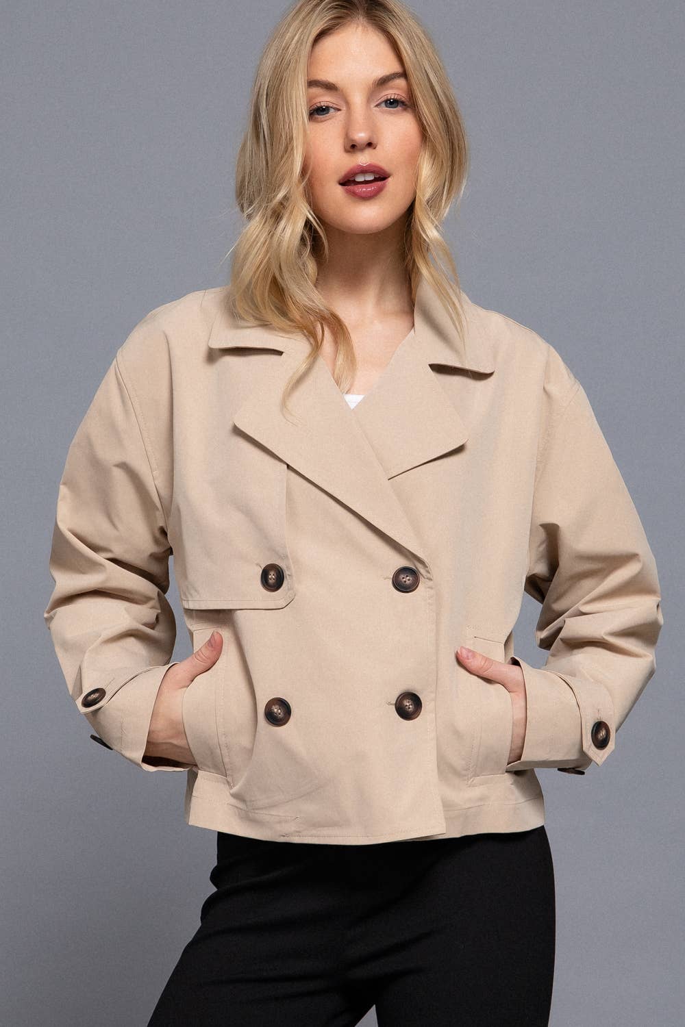 `.Double Breasted Short Trench Jacket