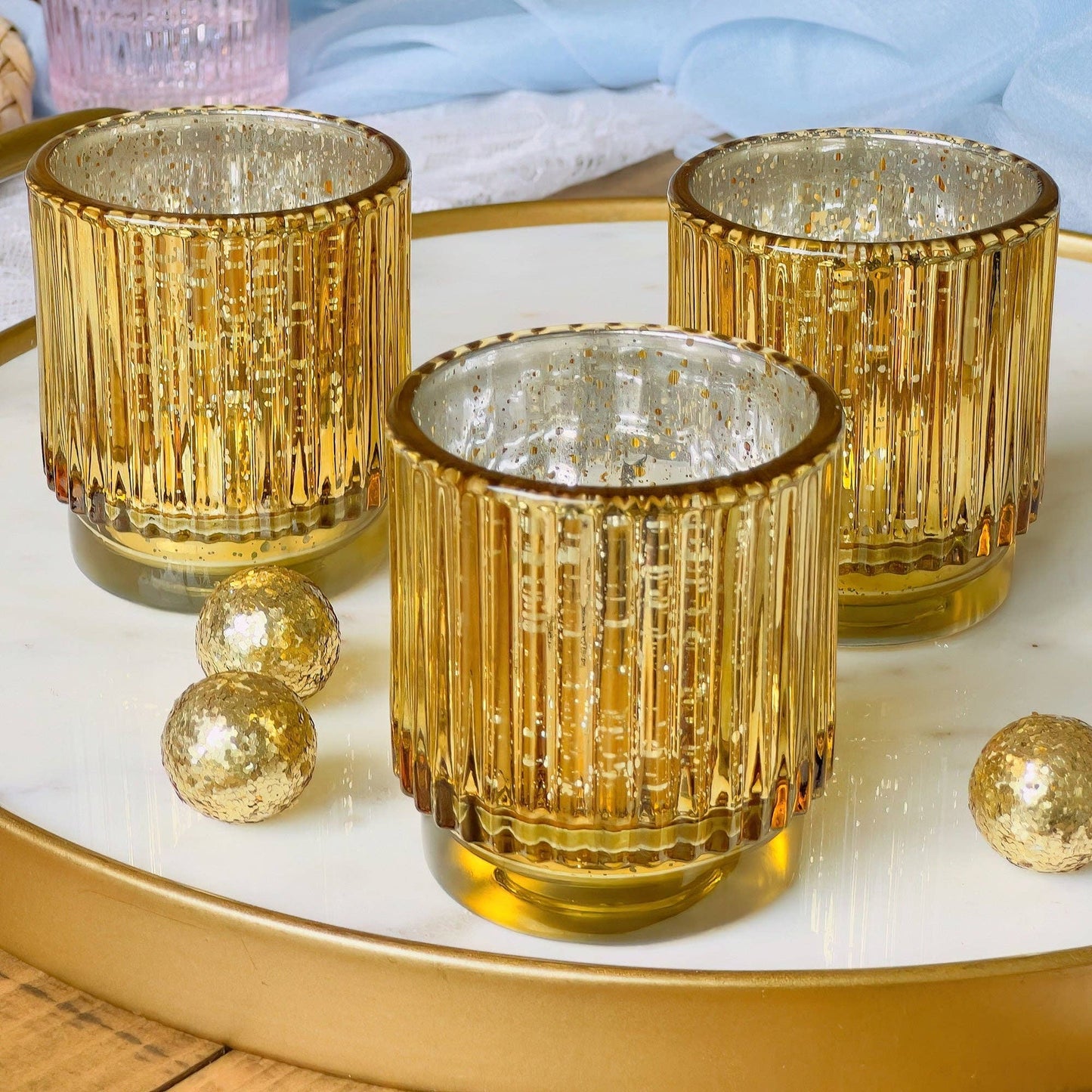 Ribbed Gold Glass Votive Candle Holder