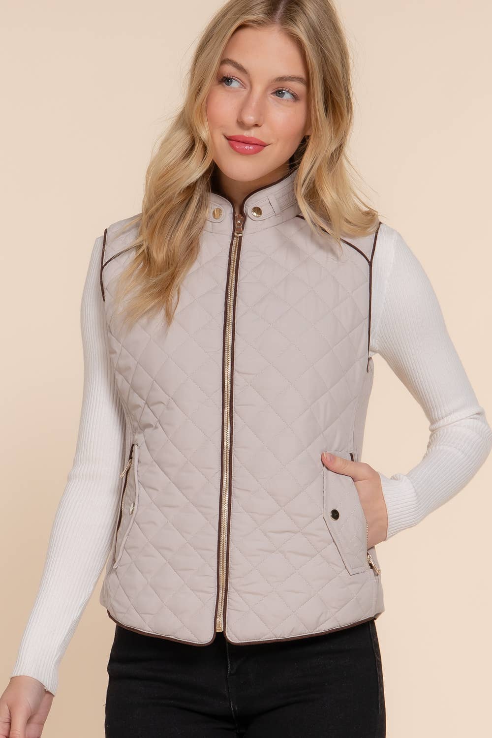 ', Suede Piping Rib Quilted Padding Jacket / Vest