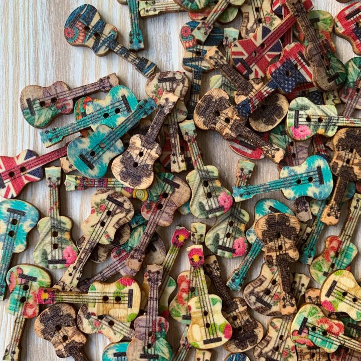 Wooden Buttons, 1 Inch, Guitar Shaped Buttons, Assorted Styl