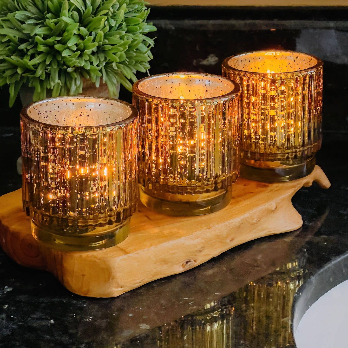 Ribbed Gold Glass Votive Candle Holder