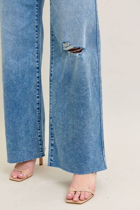 Vintage Wash High Waisted Wide Leg w/ Distressed Knee