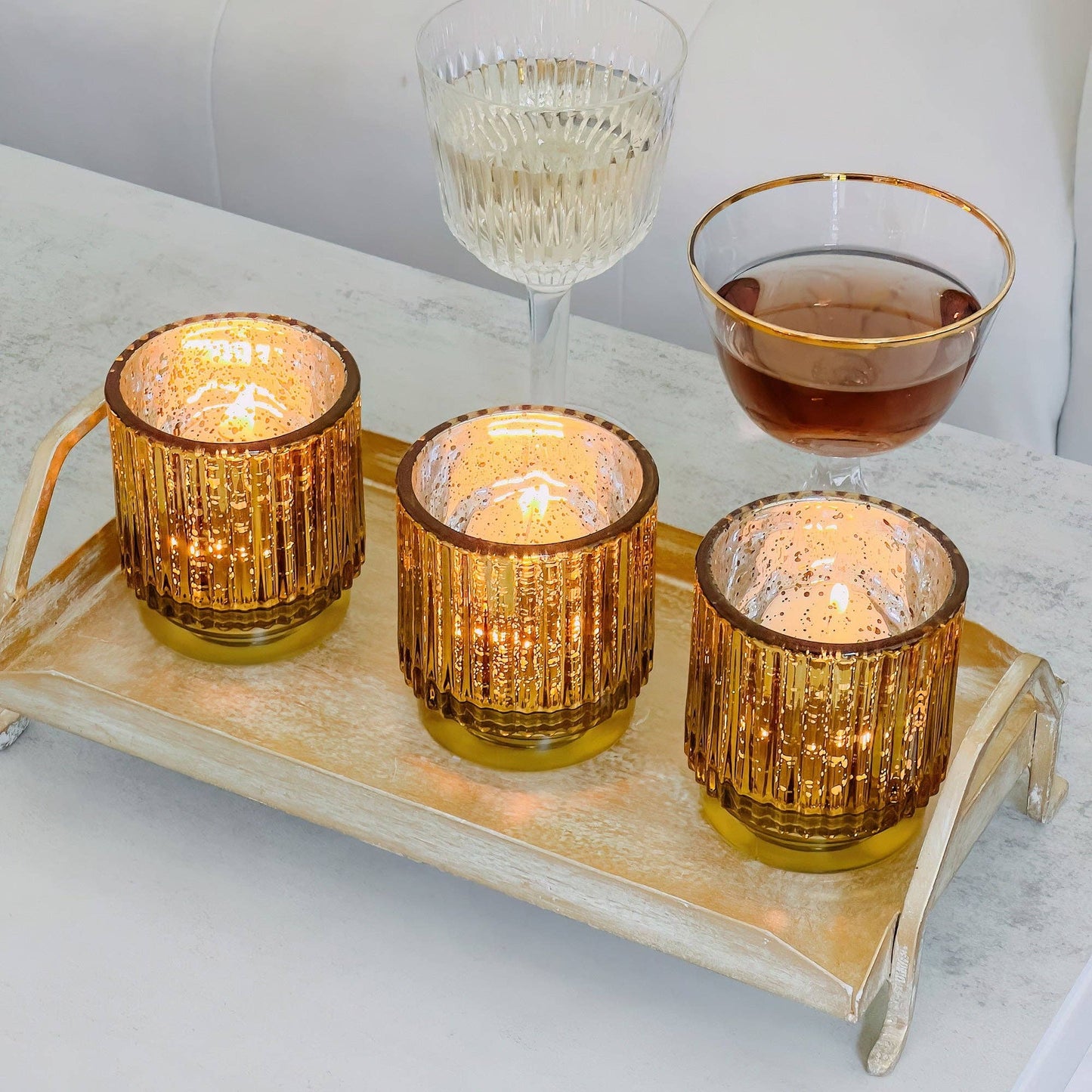Ribbed Gold Glass Votive Candle Holder