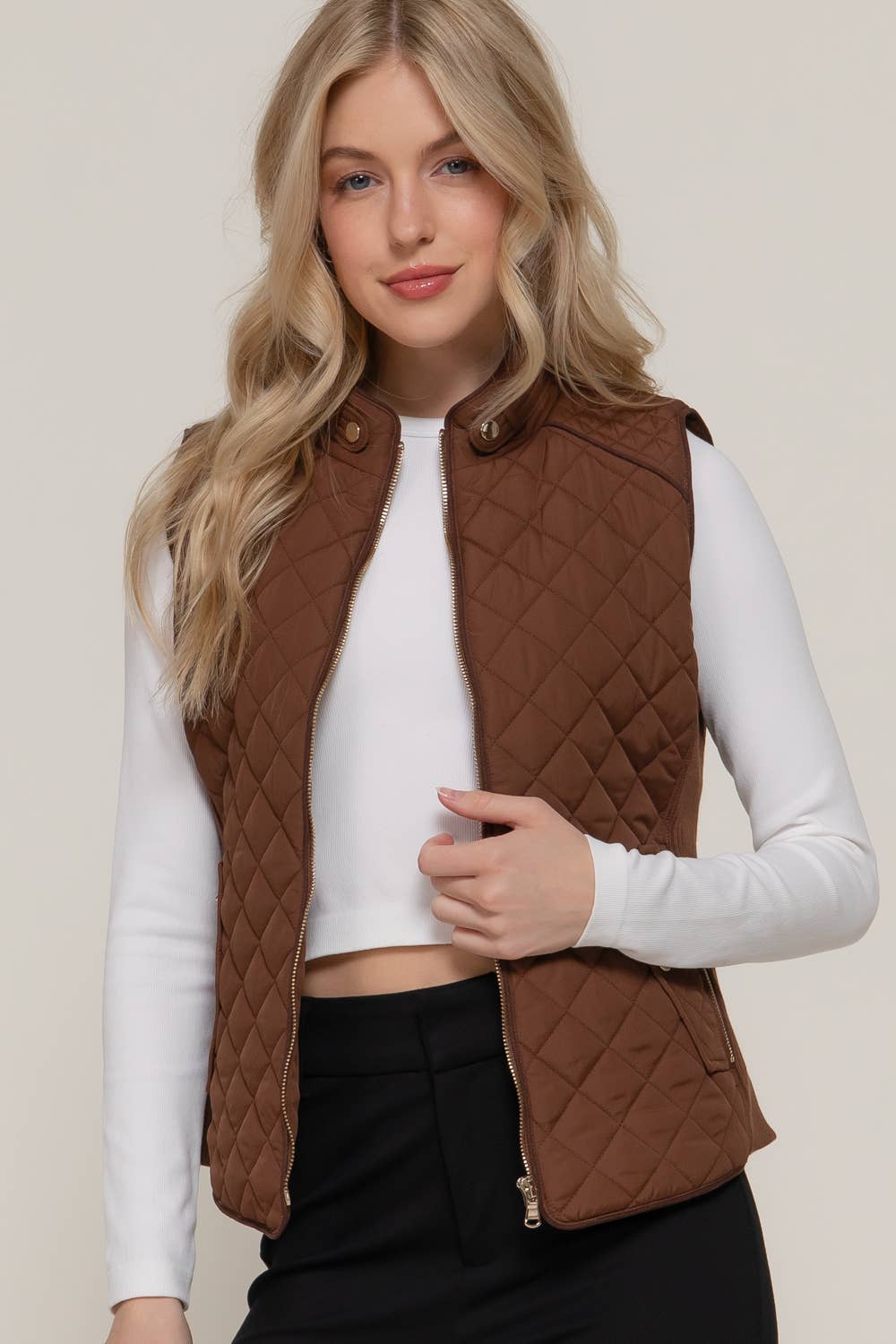 ', Suede Piping Rib Quilted Padding Jacket / Vest