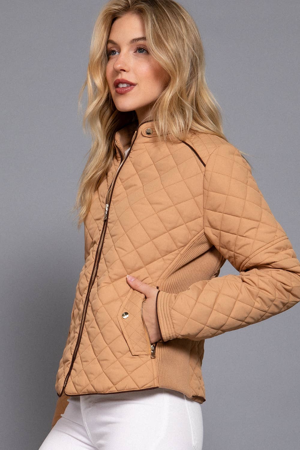 ', Suede Piping Rib Quilted Padding Jacket / Vest