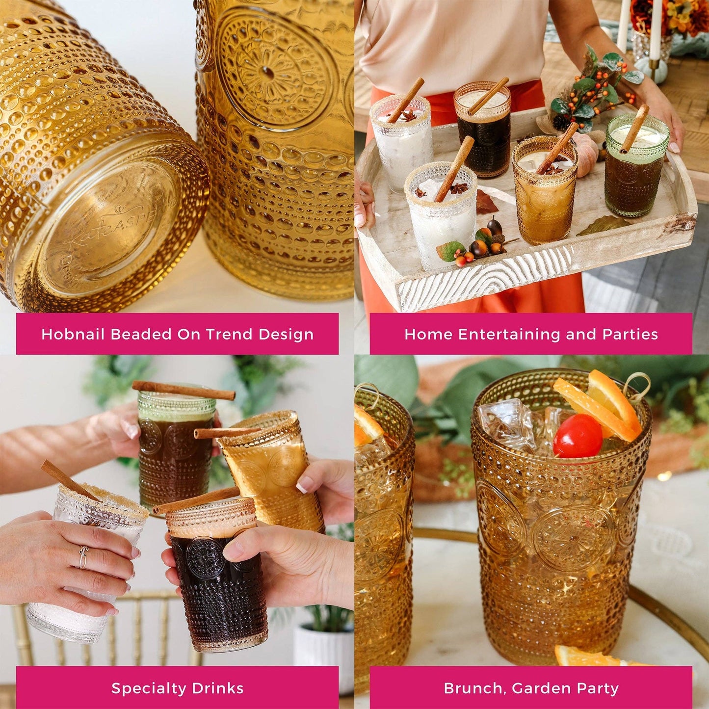 13 oz. Hobnail Beaded Floral Amber Drinking Glasses (Set of