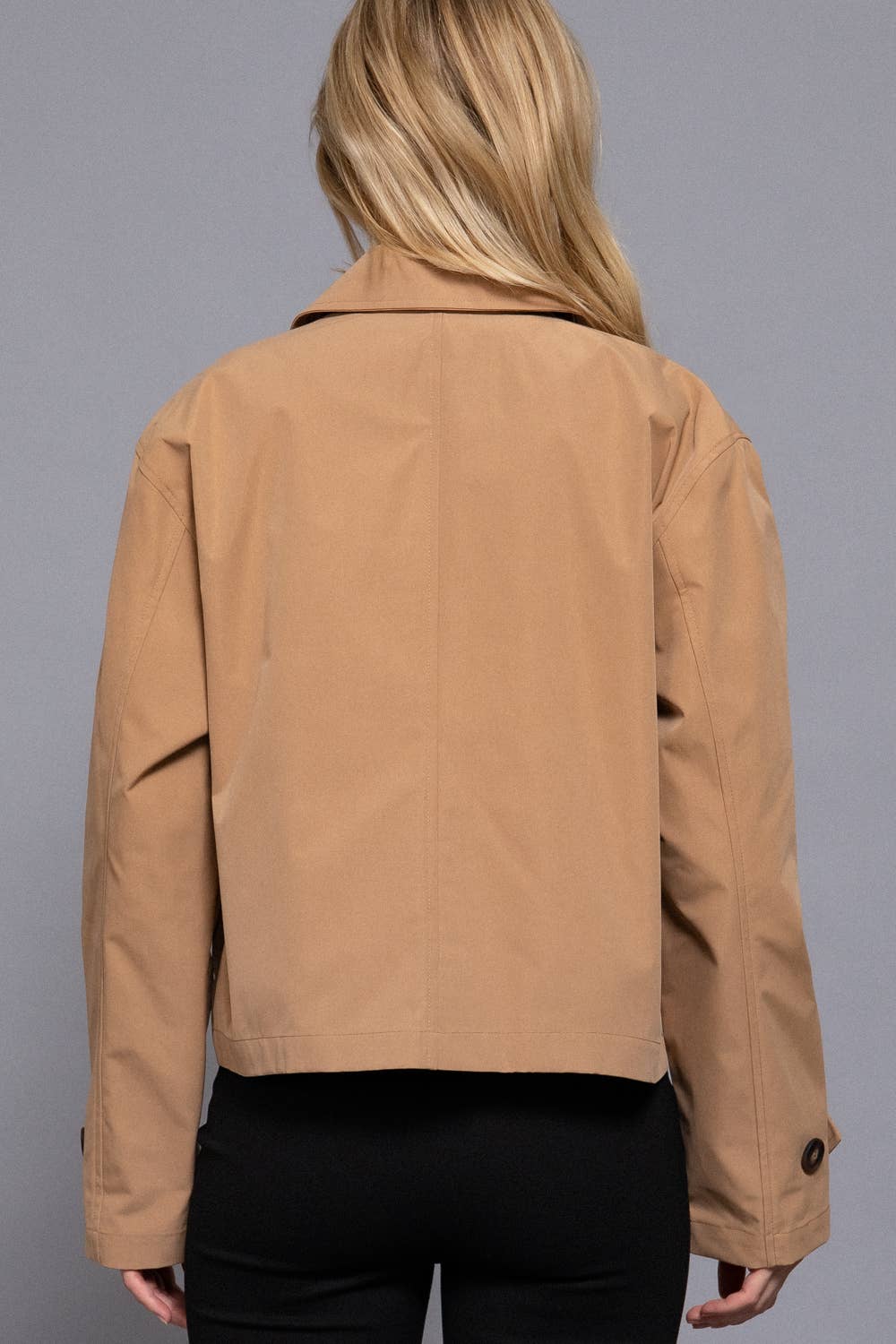`.Double Breasted Short Trench Jacket