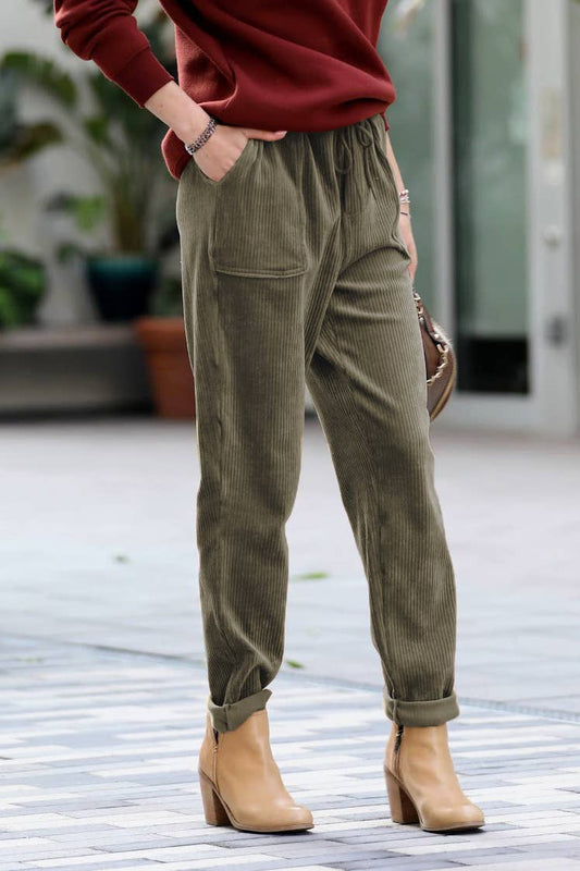 ",.Corduroy Drawstring Cuffed Pants With Pockets
