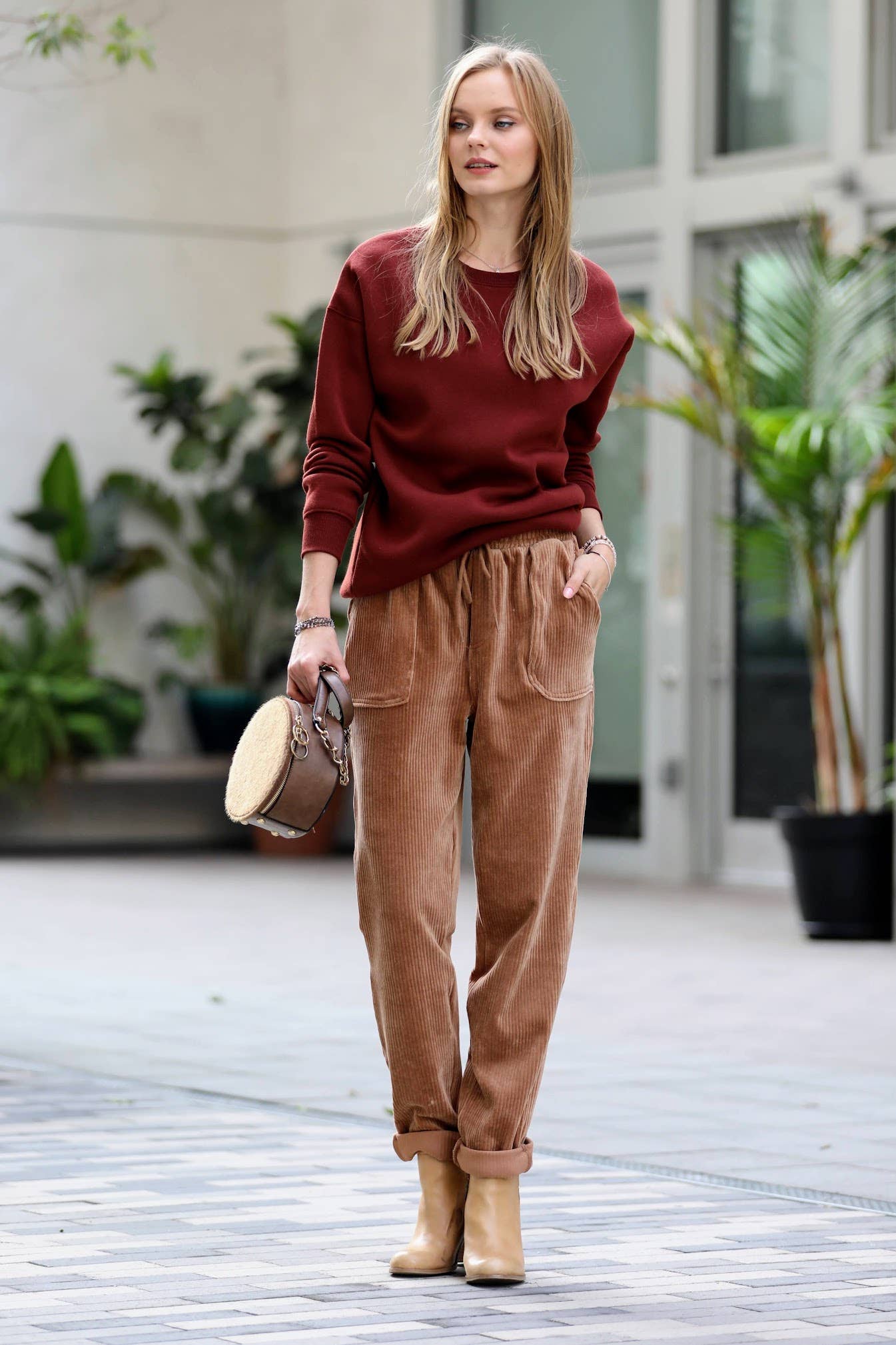 ",.Corduroy Drawstring Cuffed Pants With Pockets