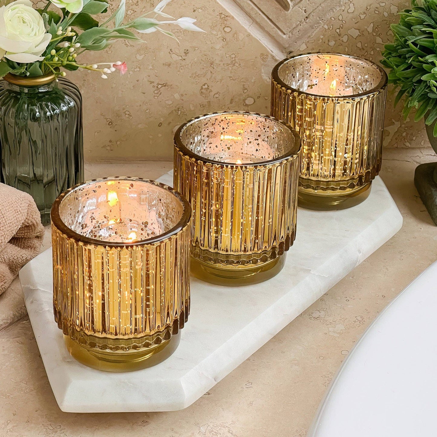 Ribbed Gold Glass Votive Candle Holder