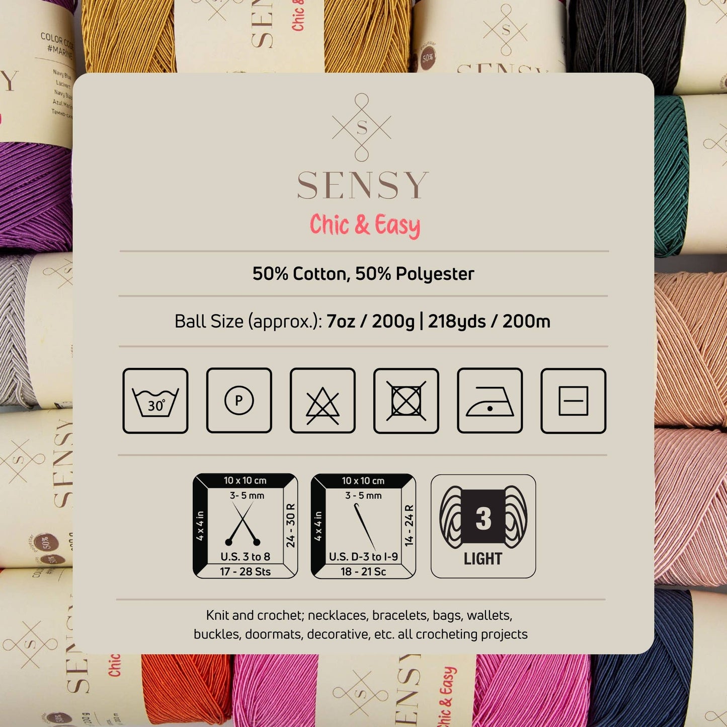 Sensy Premium Chic & Easy 1.5mm 218 Yards 50% Cotton 50% Polyester Rope Crochet Bag Cord Crochet Thread