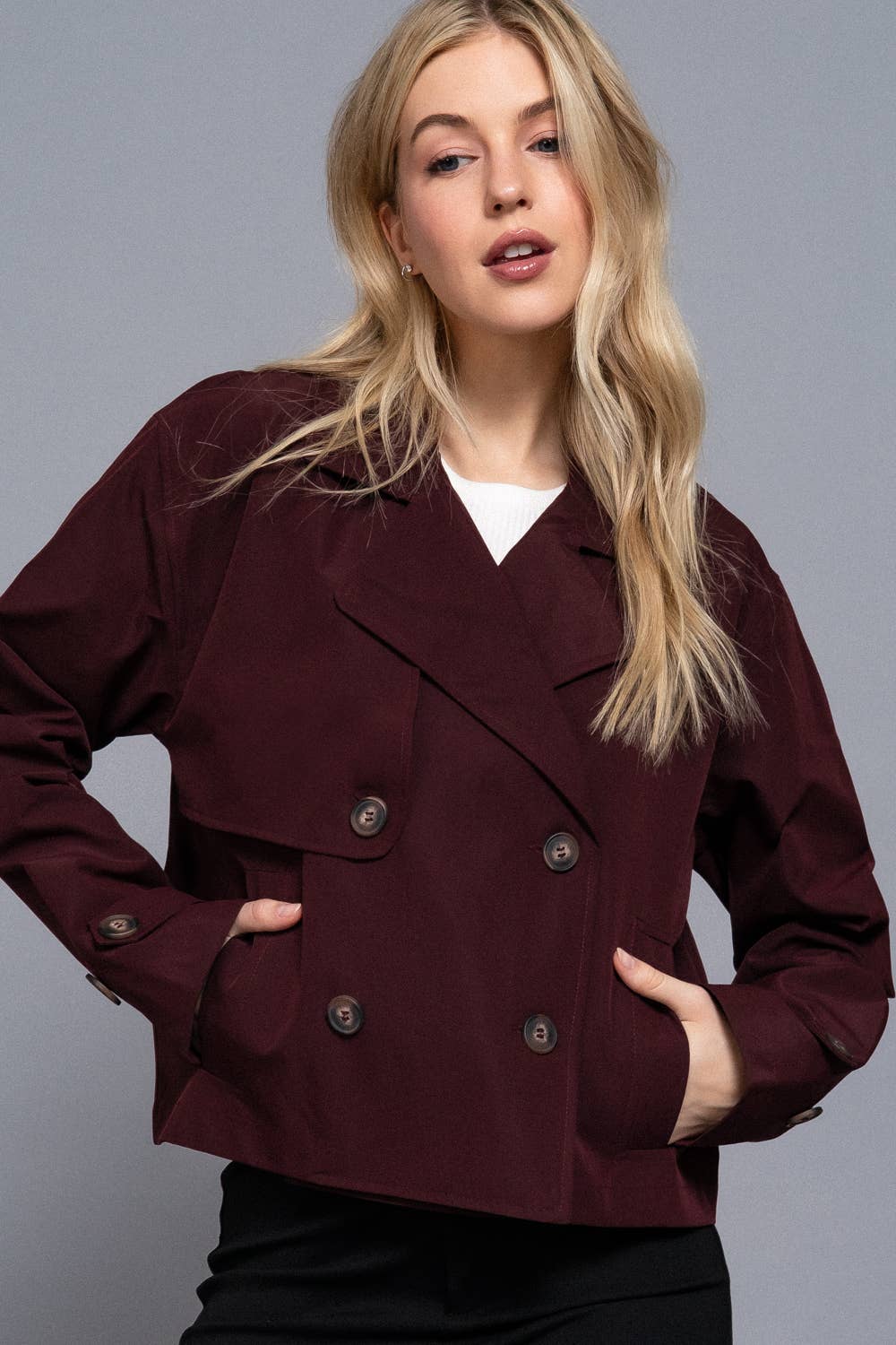 `.Double Breasted Short Trench Jacket