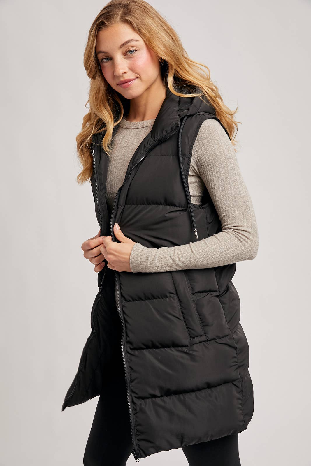 HOODED ZIPPER DOWN LONGLINE PUFFER VEST