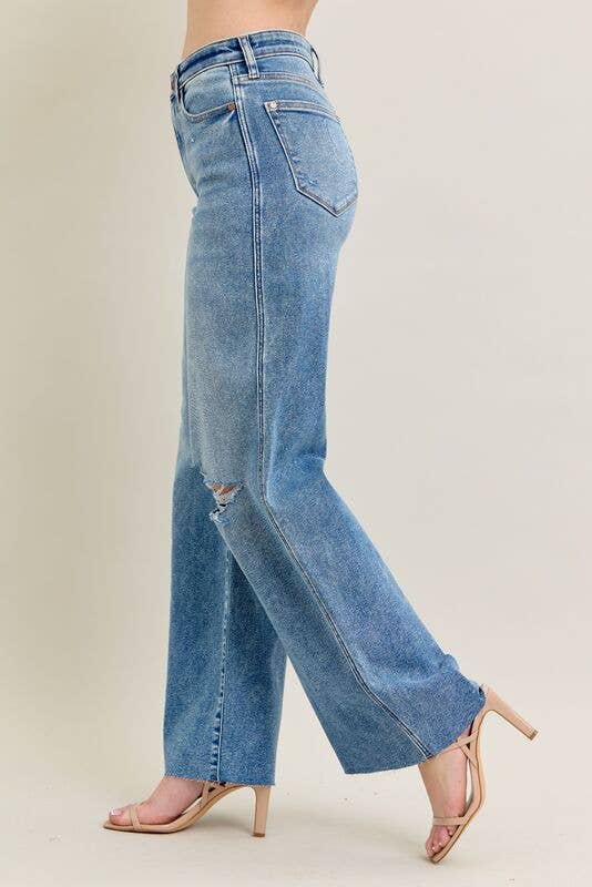 Vintage Wash High Waisted Wide Leg w/ Distressed Knee