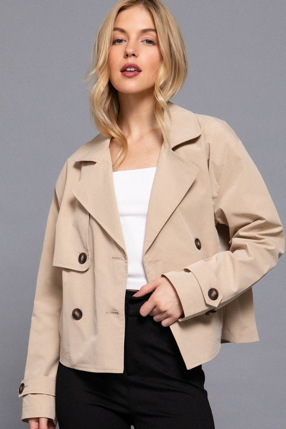 `.Double Breasted Short Trench Jacket