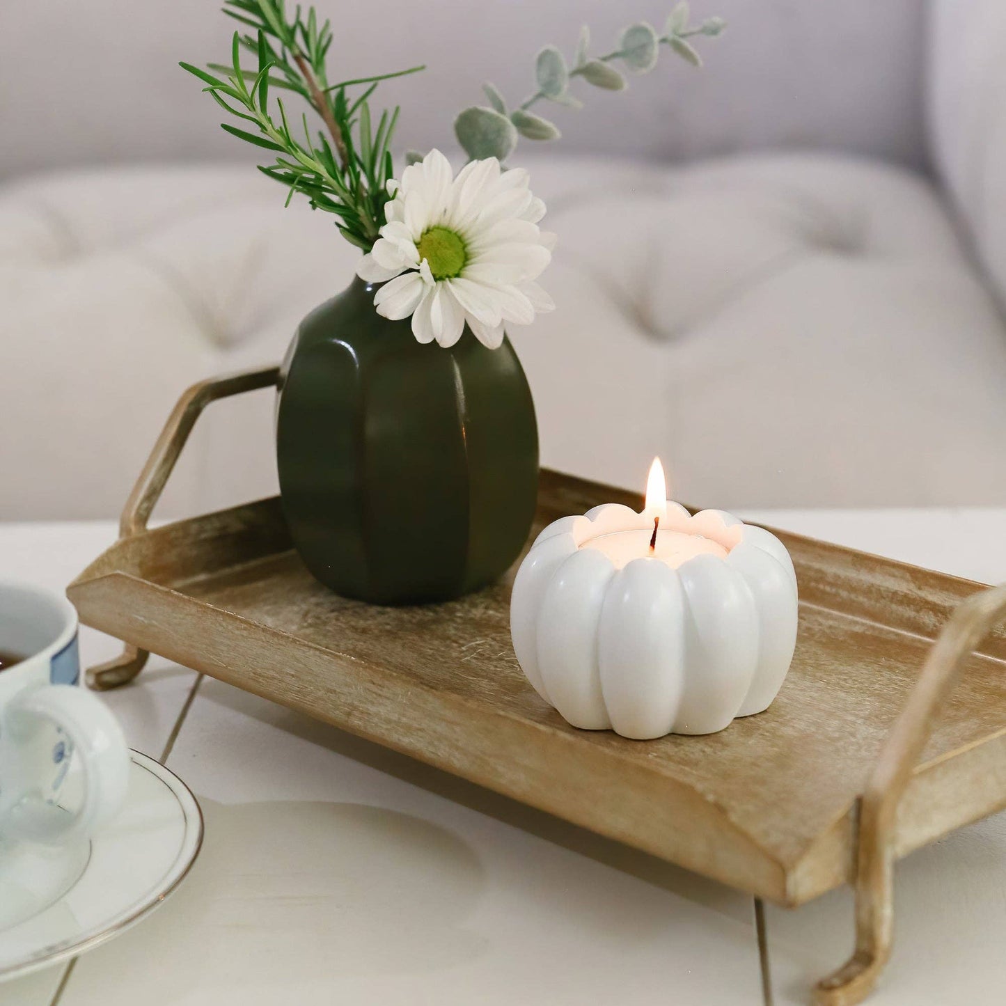 2-in-1 Pumpkin Tealight/Candlestick Holder - White