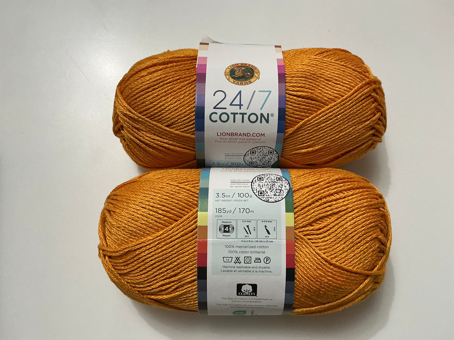 Lion Brand 24/7 Cotton-Goldenrod-Size 4-100g-185 Yards