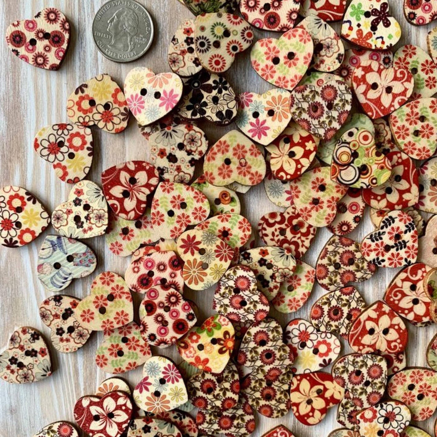 Wooden Heart Buttons, 1 Inch, Heart Buttons, Assorted Styles