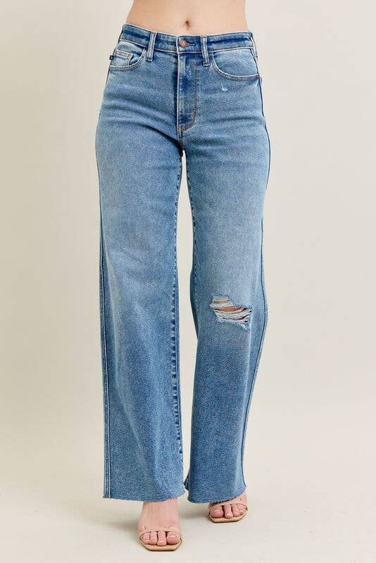 Vintage Wash High Waisted Wide Leg w/ Distressed Knee