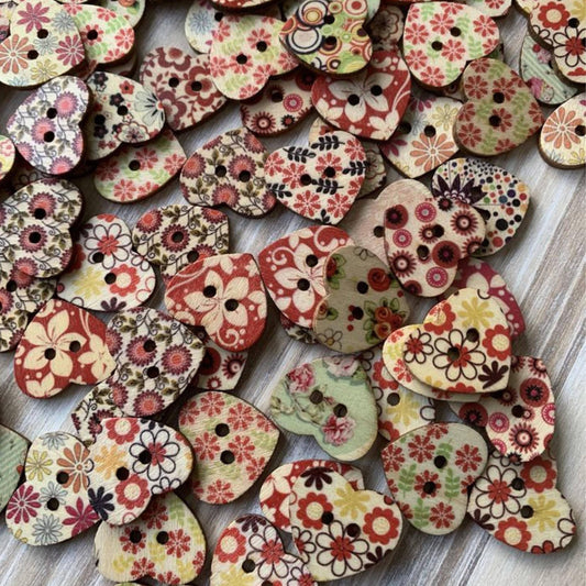Wooden Heart Buttons, 1 Inch, Heart Buttons, Assorted Styles