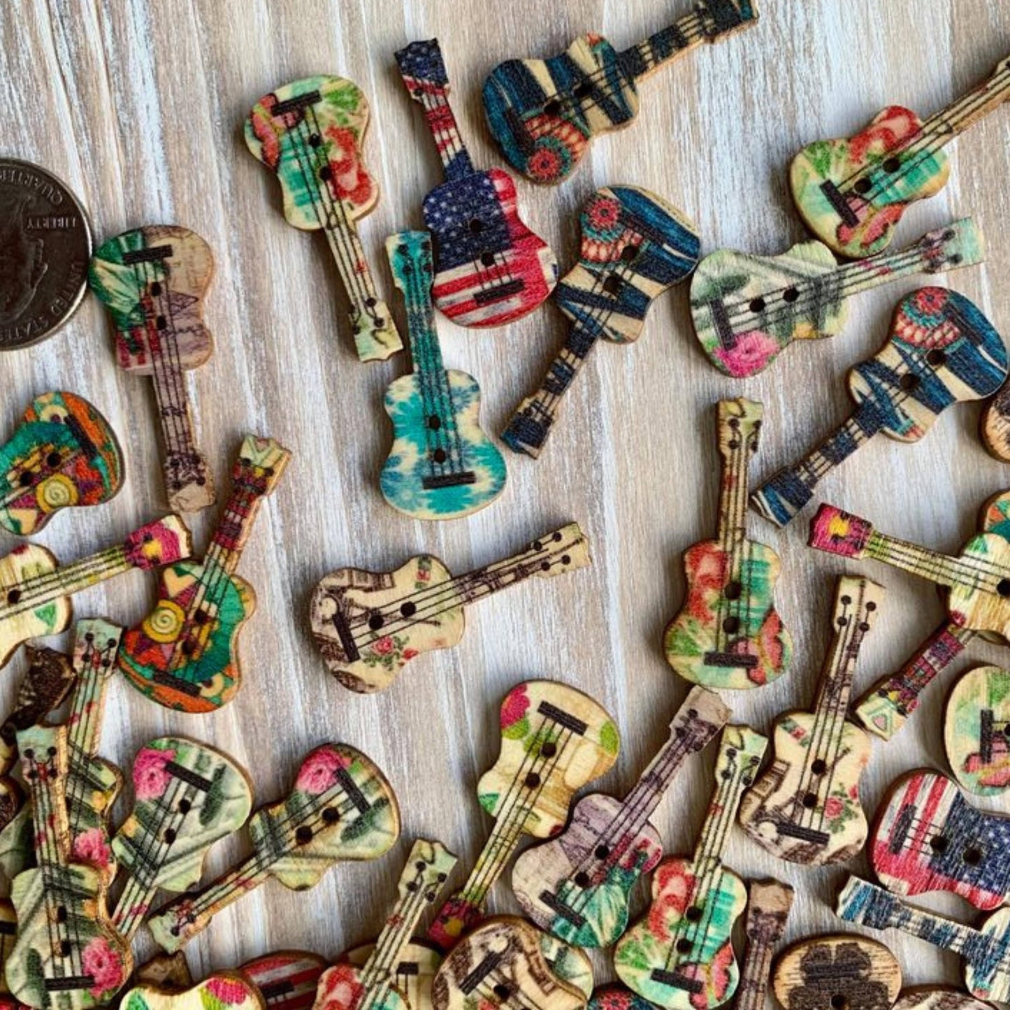 Wooden Buttons, 1 Inch, Guitar Shaped Buttons, Assorted Styl