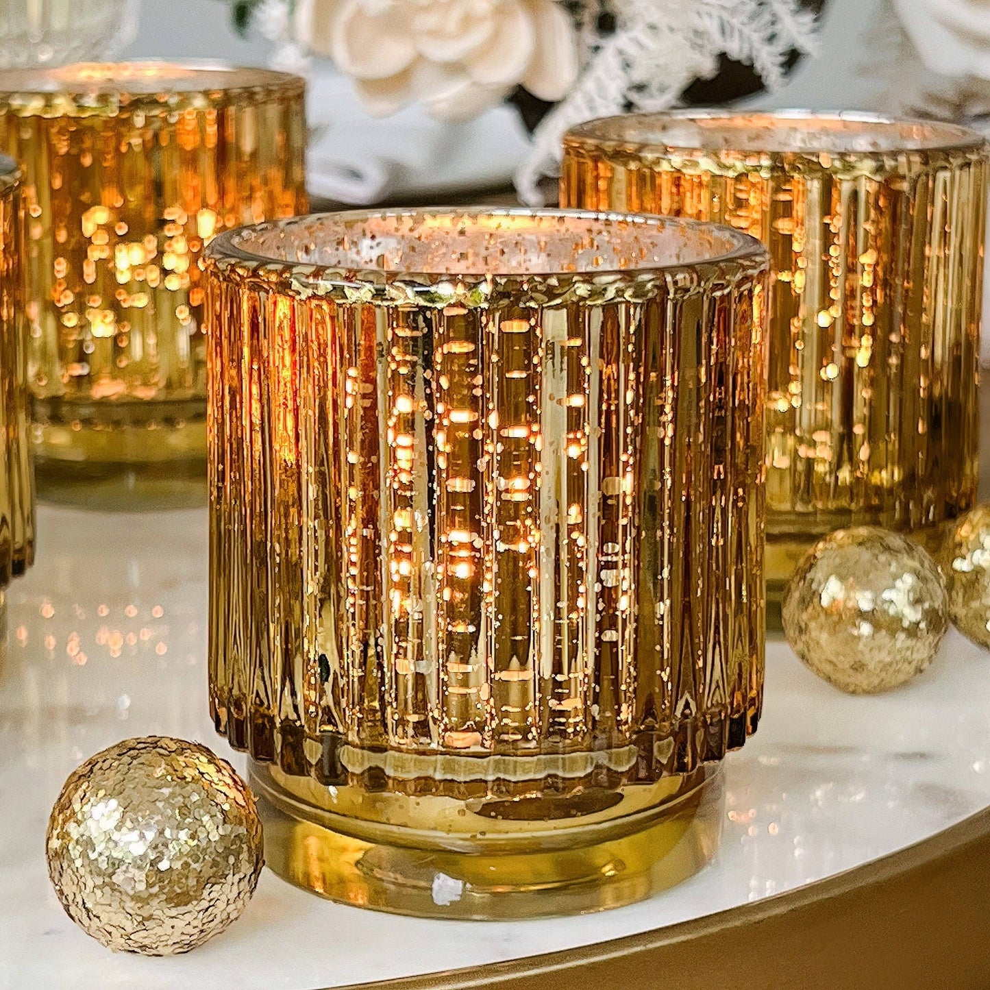 Ribbed Gold Glass Votive Candle Holder