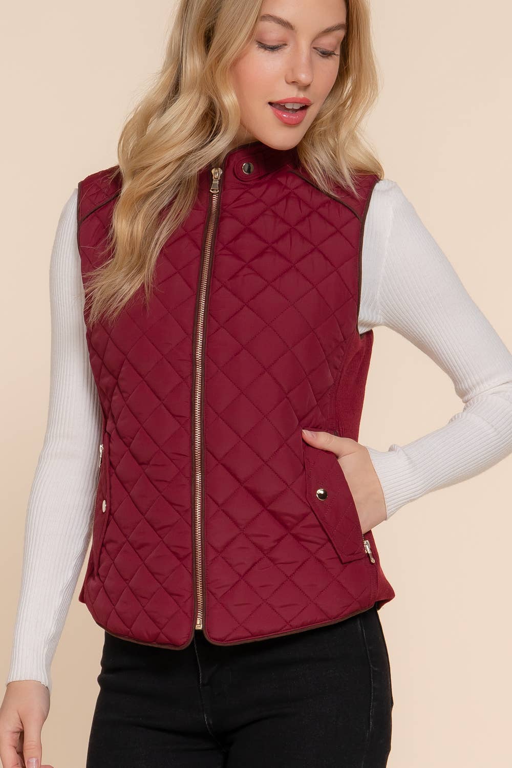 ', Suede Piping Rib Quilted Padding Jacket / Vest