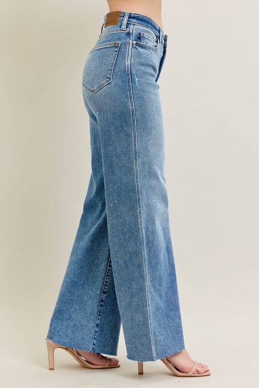 Vintage Wash High Waisted Wide Leg w/ Distressed Knee