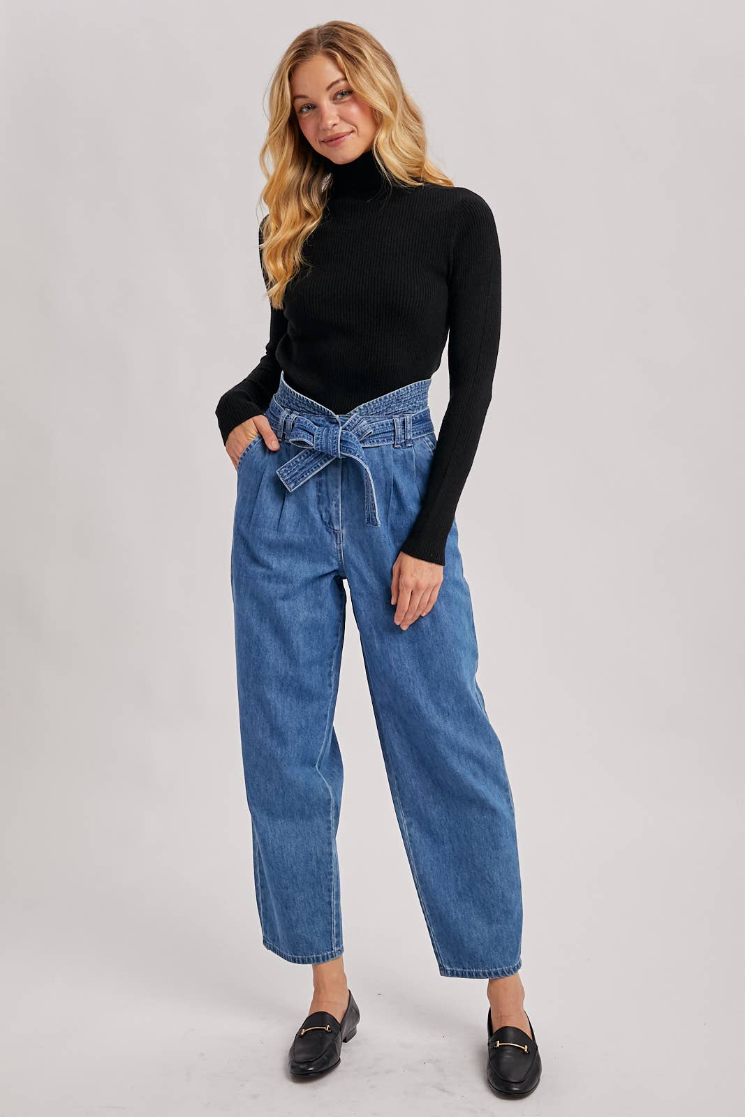 WHOLEGARMENT MOCK NECK RIBBED KNIT TOP