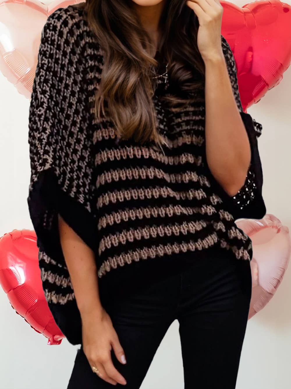 Valentine Color Block 3/4 Draped Sleeve Slouchy Sweater