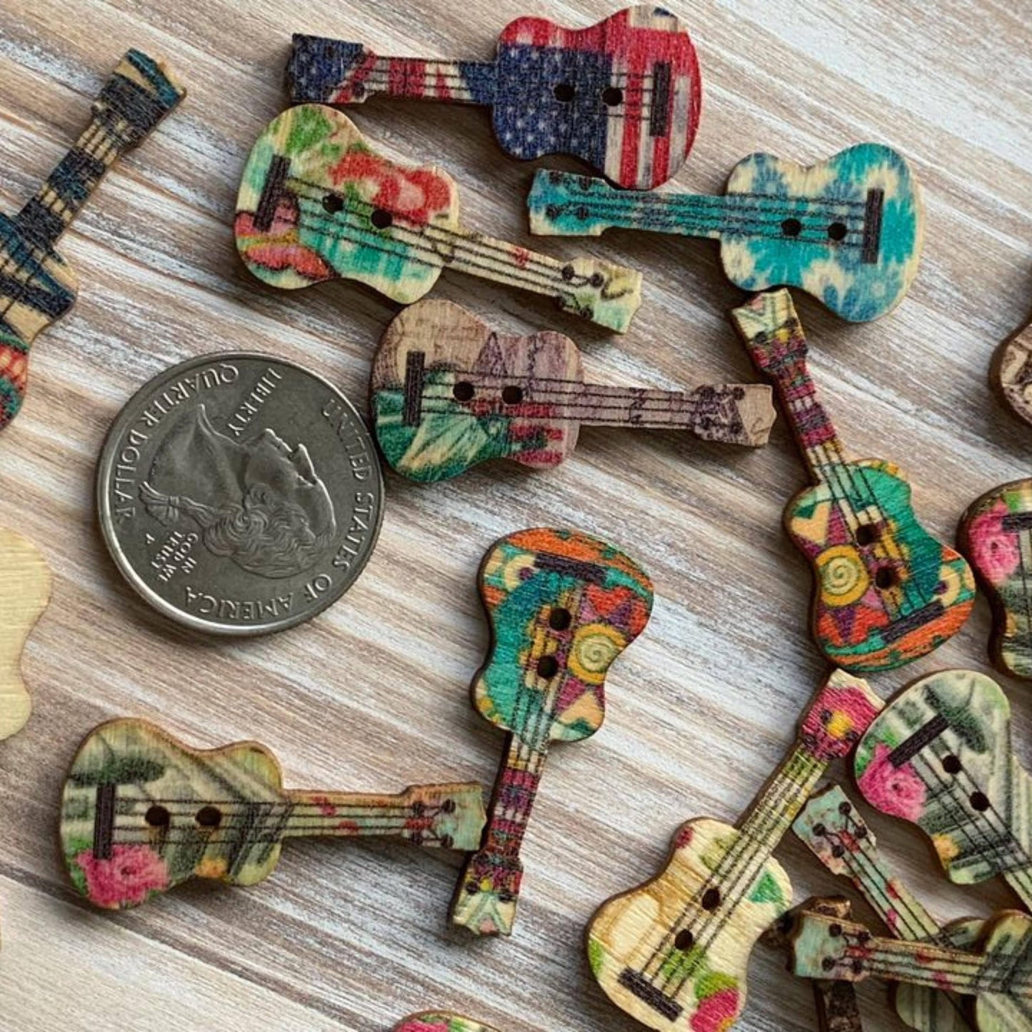 Wooden Buttons, 1 Inch, Guitar Shaped Buttons, Assorted Styl