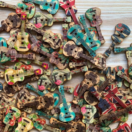 Wooden Buttons, 1 Inch, Guitar Shaped Buttons, Assorted Styl