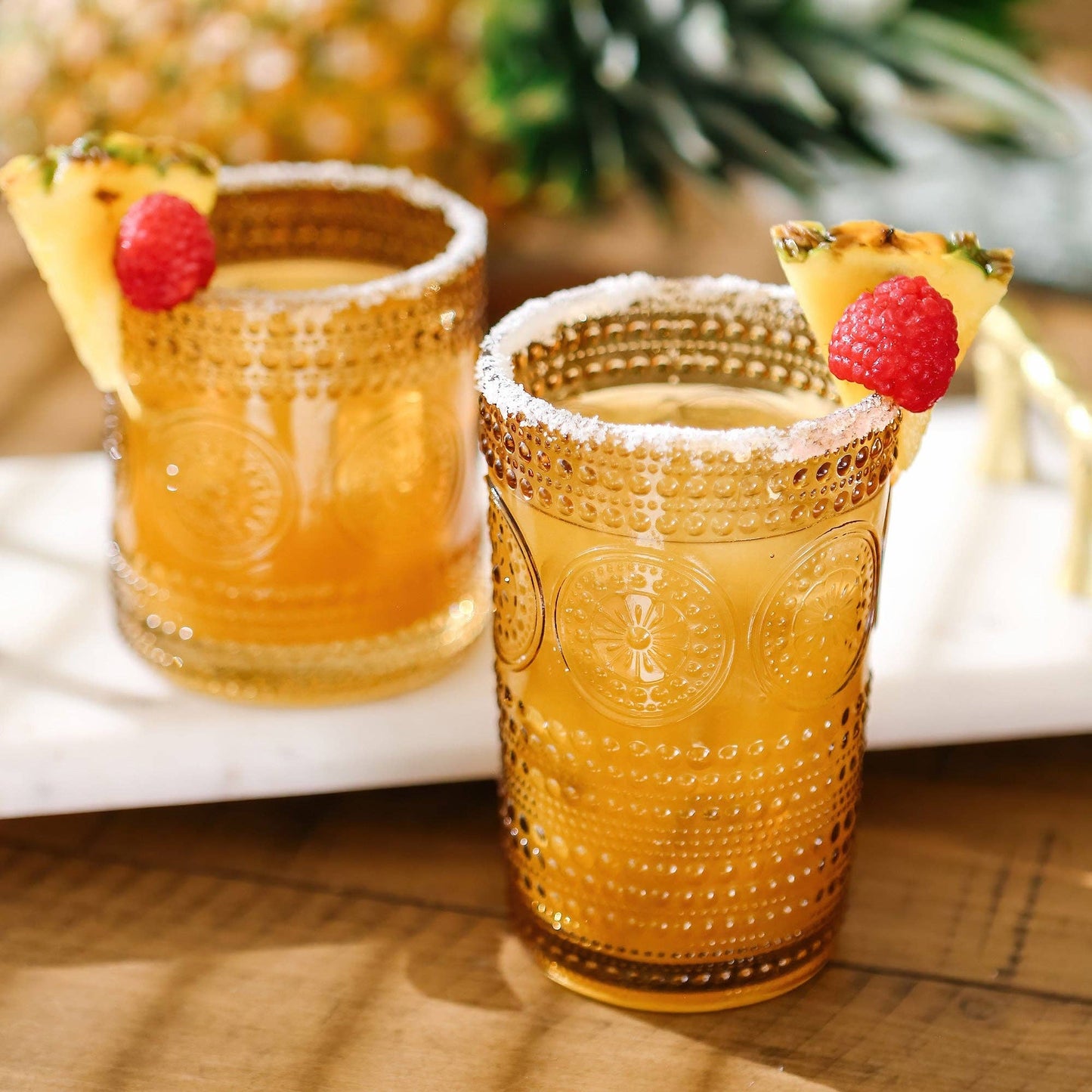 13 oz. Hobnail Beaded Floral Amber Drinking Glasses (Set of