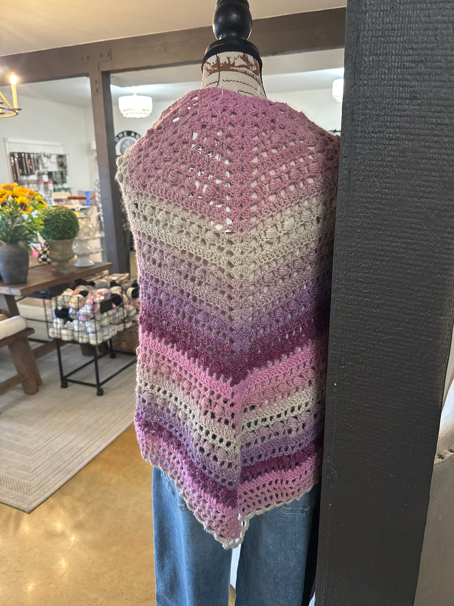 Multicolor Shawl-PInk, Purple and Cream-100% Acrylic