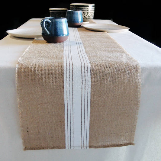 Burlap table runner - white stripes