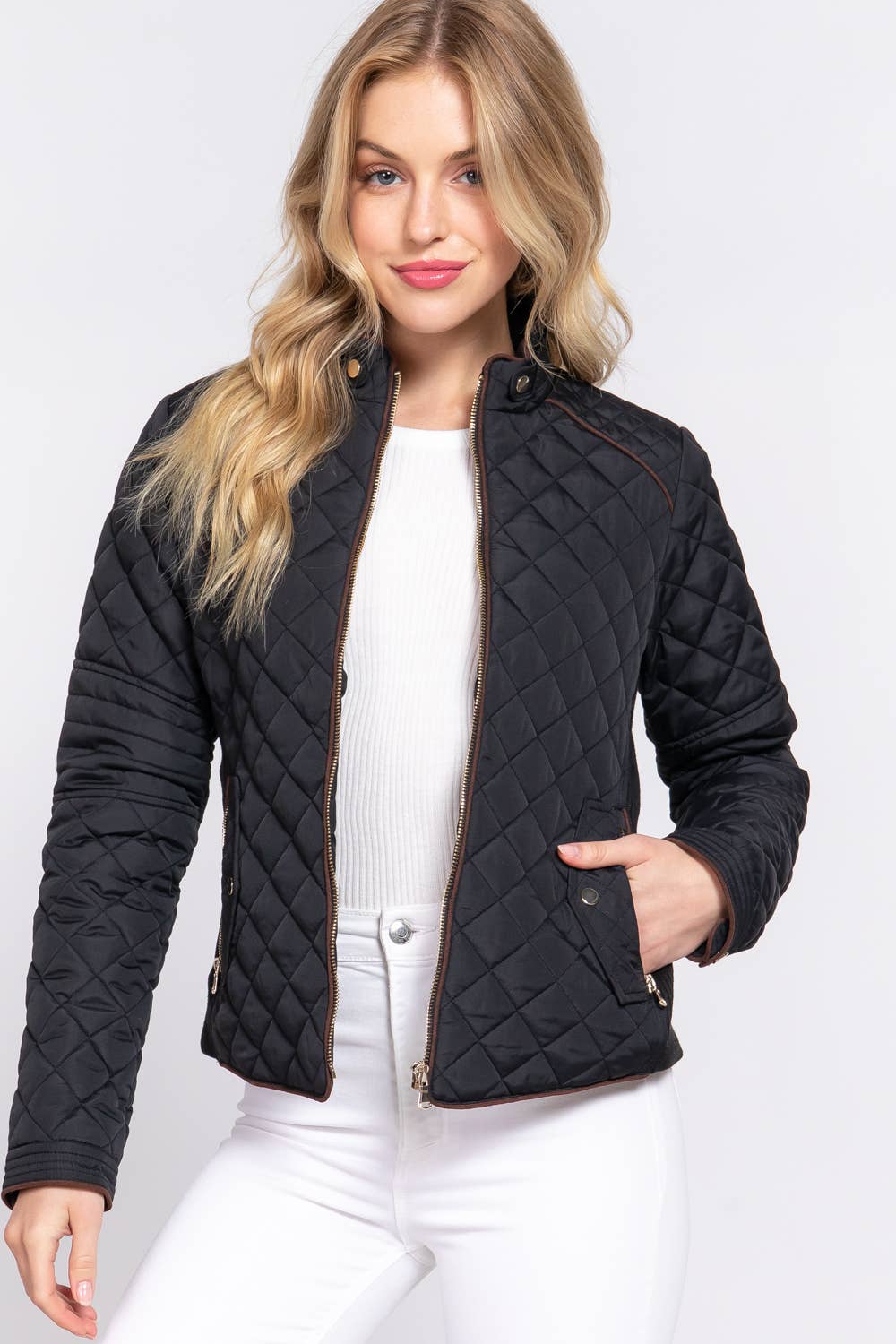 ', Suede Piping Rib Quilted Padding Jacket / Vest