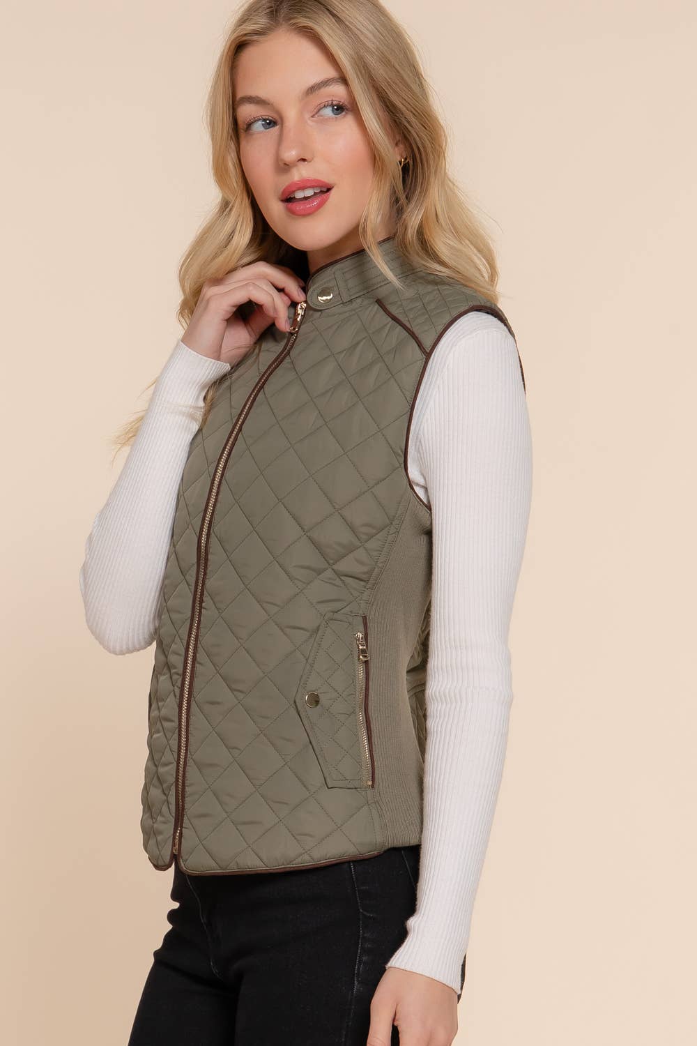 ', Suede Piping Rib Quilted Padding Jacket / Vest