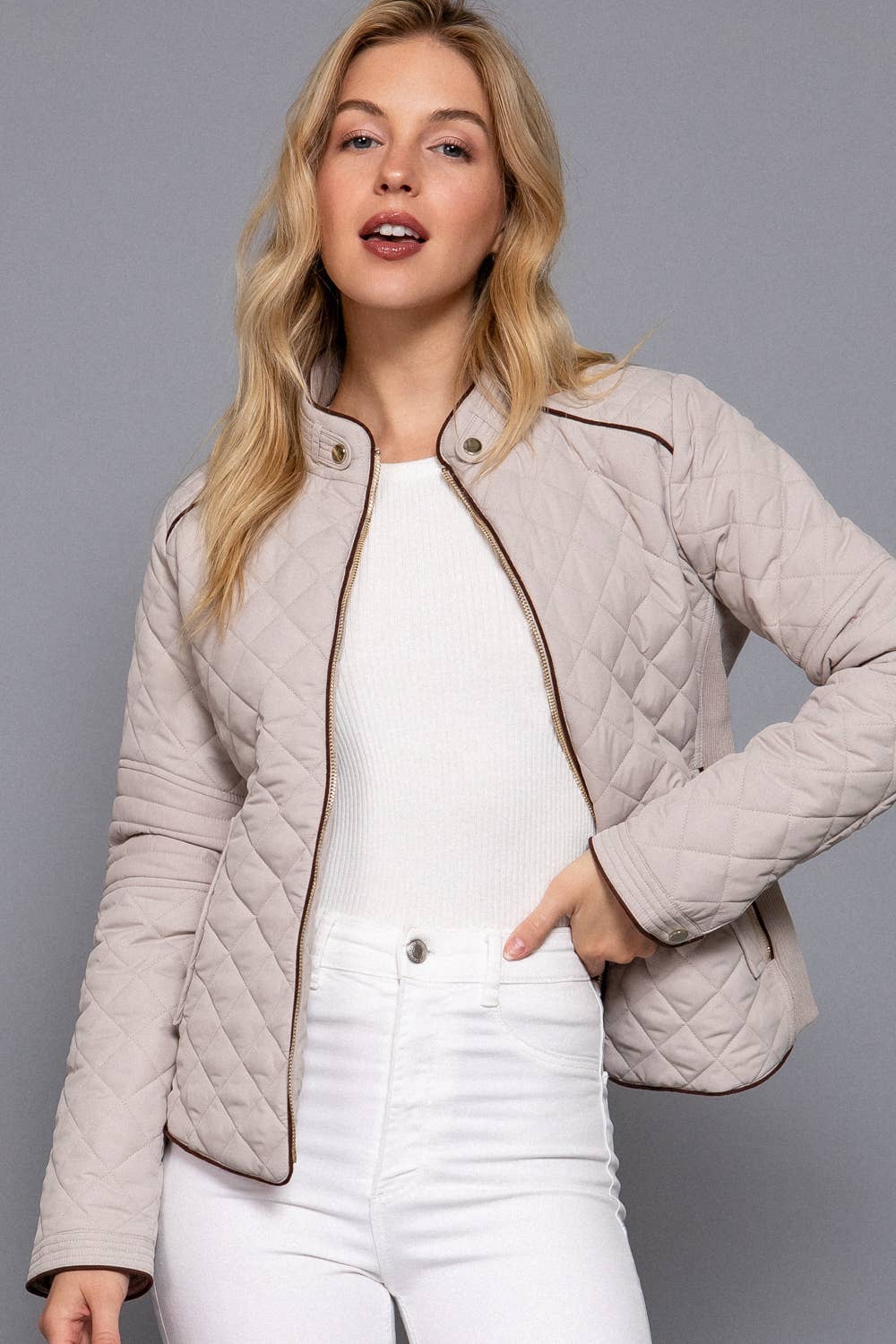 ', Suede Piping Rib Quilted Padding Jacket / Vest