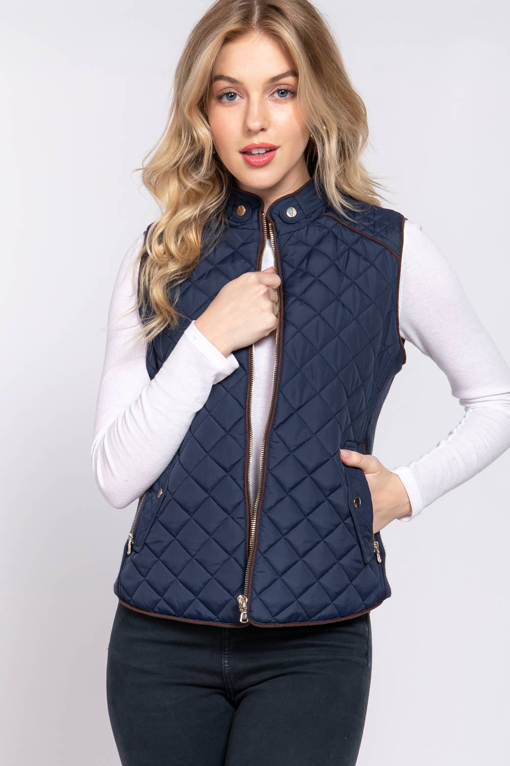 ', Suede Piping Rib Quilted Padding Jacket / Vest