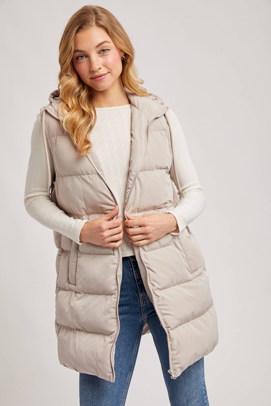HOODED ZIPPER DOWN LONGLINE PUFFER VEST