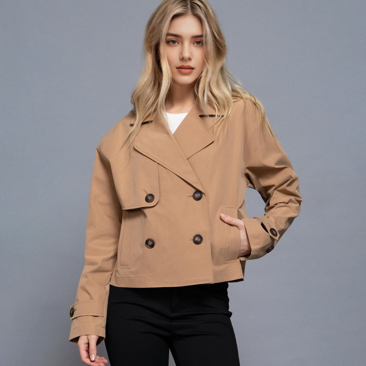 `.Double Breasted Short Trench Jacket