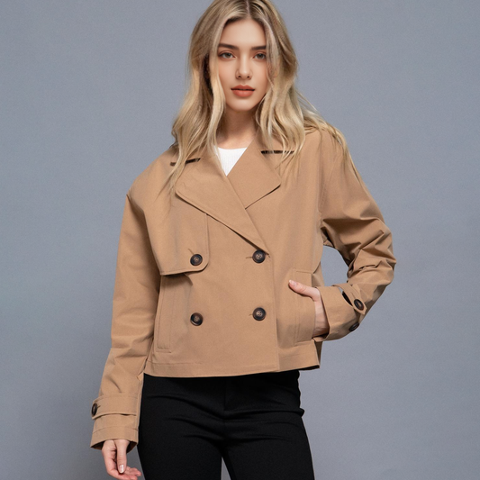 `.Double Breasted Short Trench Jacket