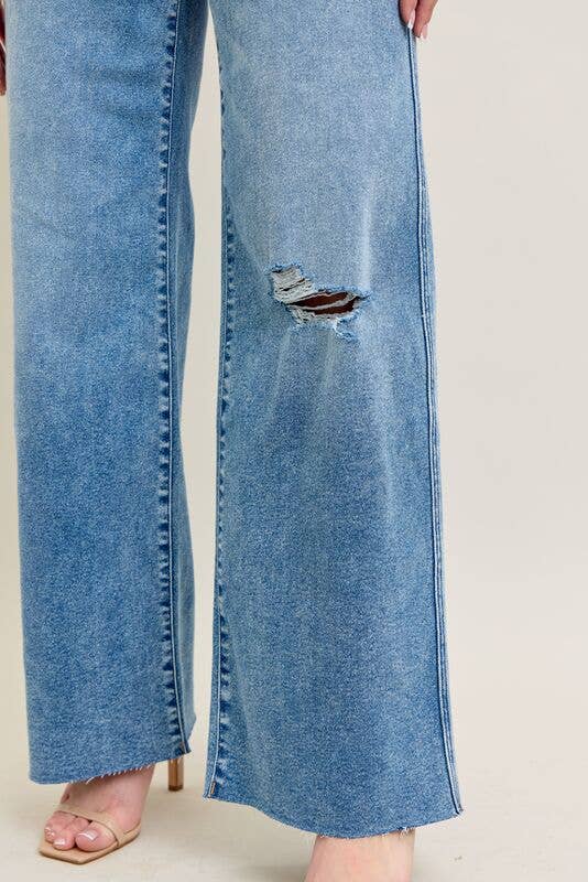 Vintage Wash High Waisted Wide Leg w/ Distressed Knee