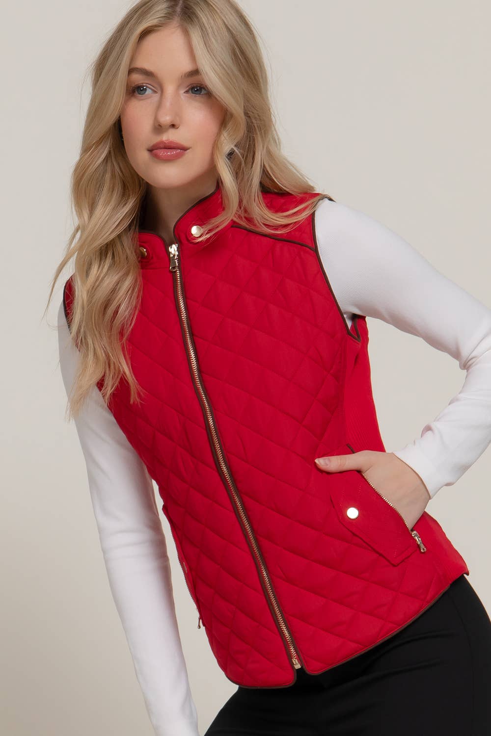 ', Suede Piping Rib Quilted Padding Jacket / Vest