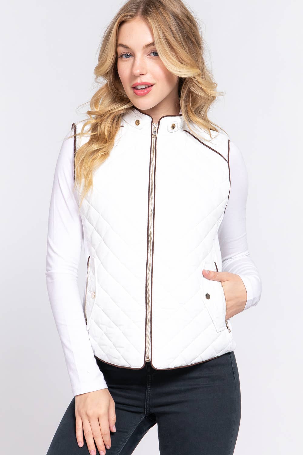 ', Suede Piping Rib Quilted Padding Jacket / Vest